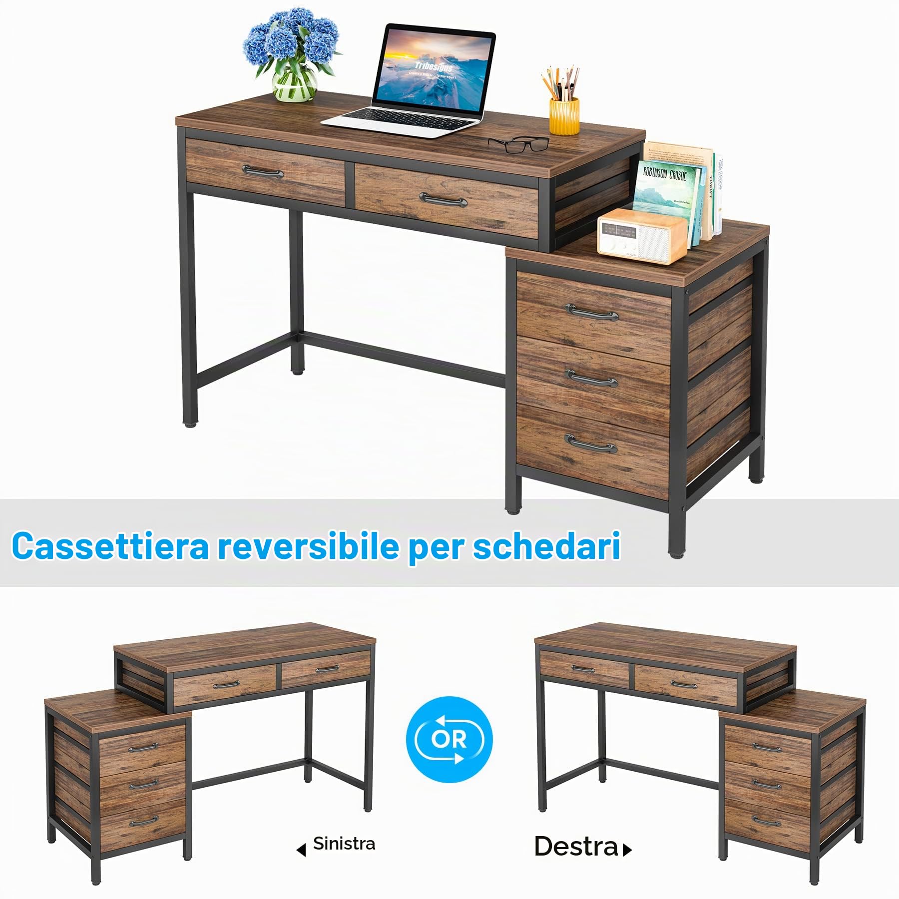 Tribesigns Scrivania per Computer, Tavolo da ufficio con 5 cassetti per Studenti,Scrivania per scrittura di studio per la casa con cassettiera reversibile,Tavolo per Laptop con Ripiani(130x45x82cm)
