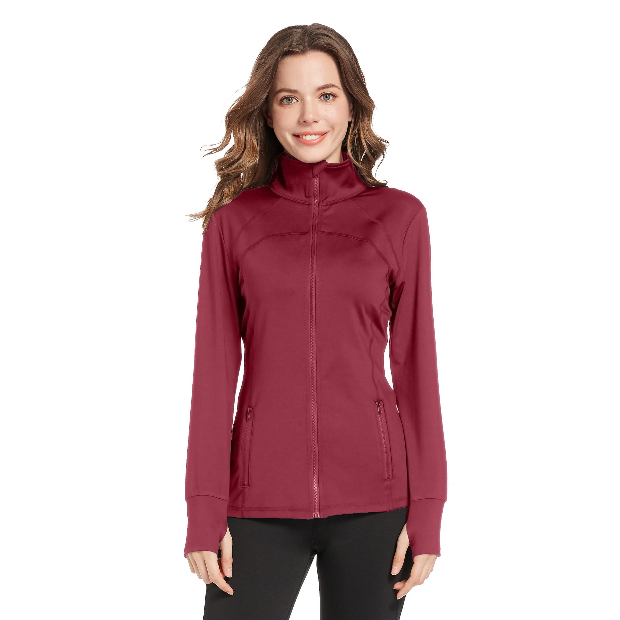 QING HONG Women's Running Jacket Full Zip Windproof Athletic Casual Jacket with Pockets & Thumb holes (888-6-6, s)