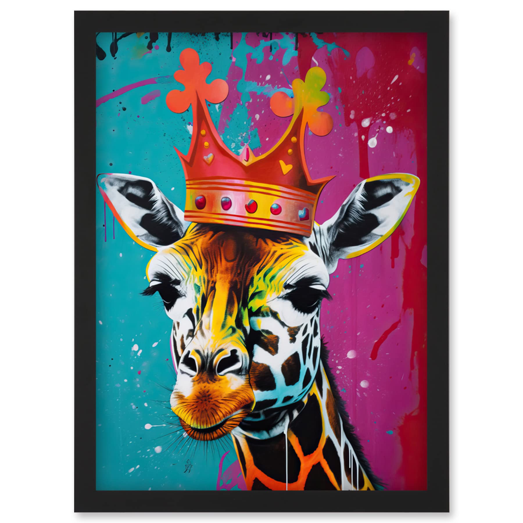 King Queen Giraffe Wearing a Crown Modern Pop Art Framed Art Picture Print A4