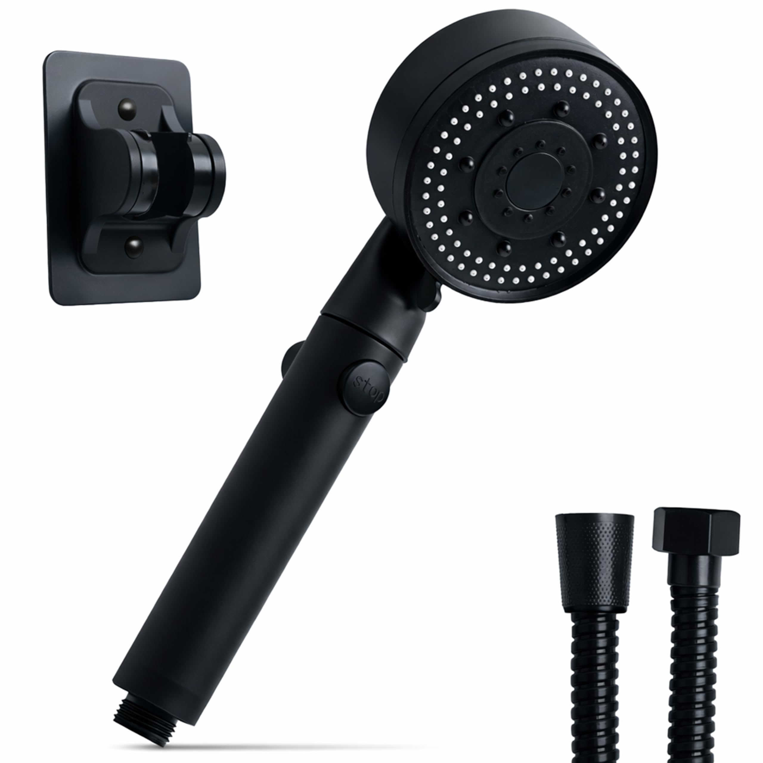 Soffione Doccia Alta Pressione a 5 getti, con Tubo 150 cm, Supporto Adesivo e Pulsante Stop - Attacco Universale G1/2 Anticalcare
