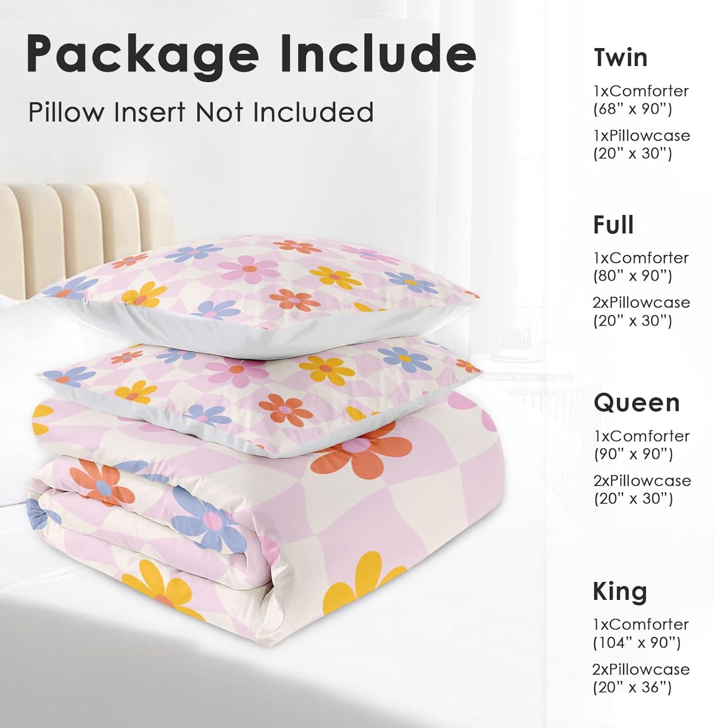 Pamnest Comforter Set Queen Size, Retro Daisy Pink 3 Pcs Soft Bedding for Kids and Adults, Hippie Aesthetic Kids Comforter Set with Pillowcase, for Bedroom Bed Decor