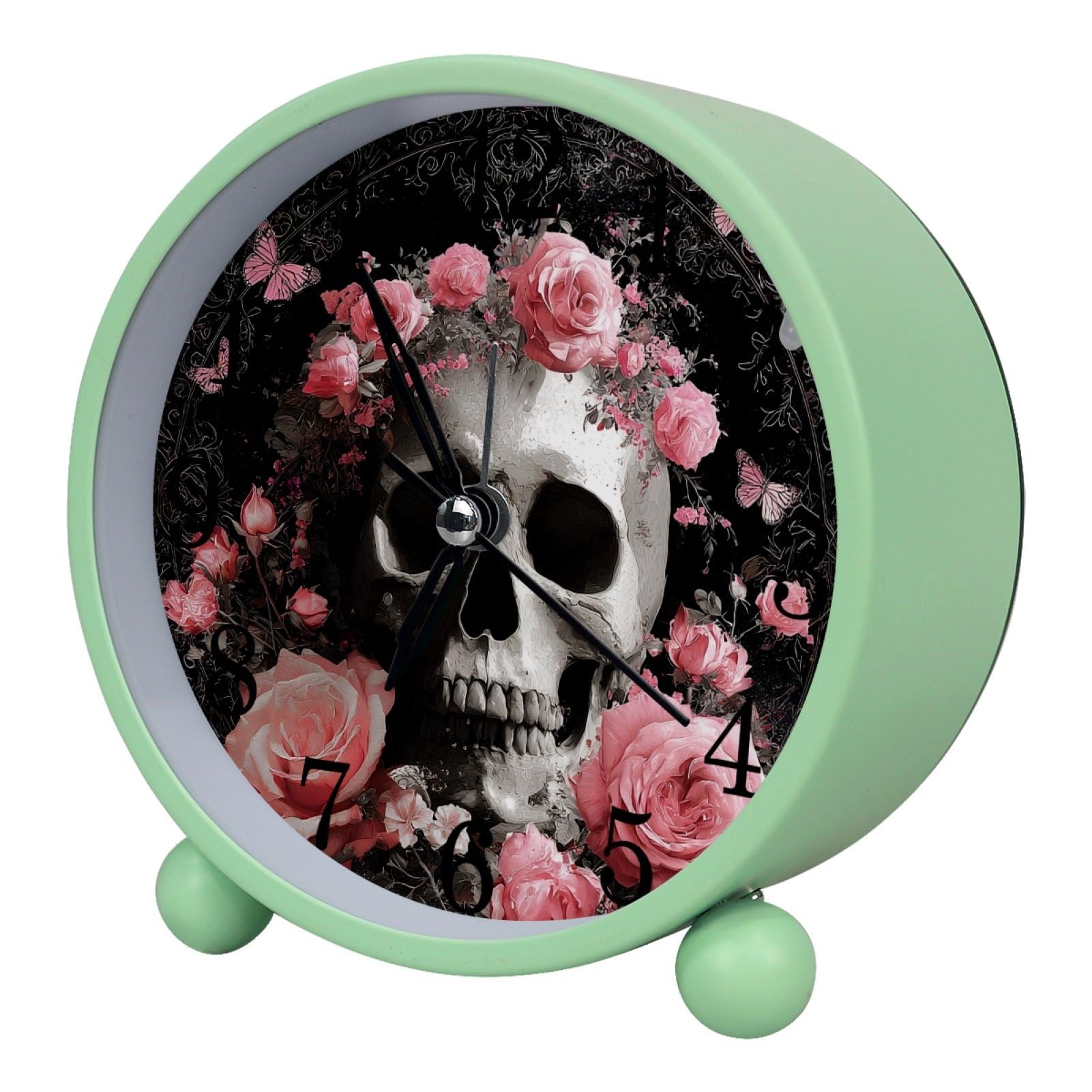 etoenbrc Gothic Skull and Pink Flower 10.9" Alarm Clock,Small Battery Operated Clock, Slient Plastic Table Clock for Living Room Decor,Bedroom,Office