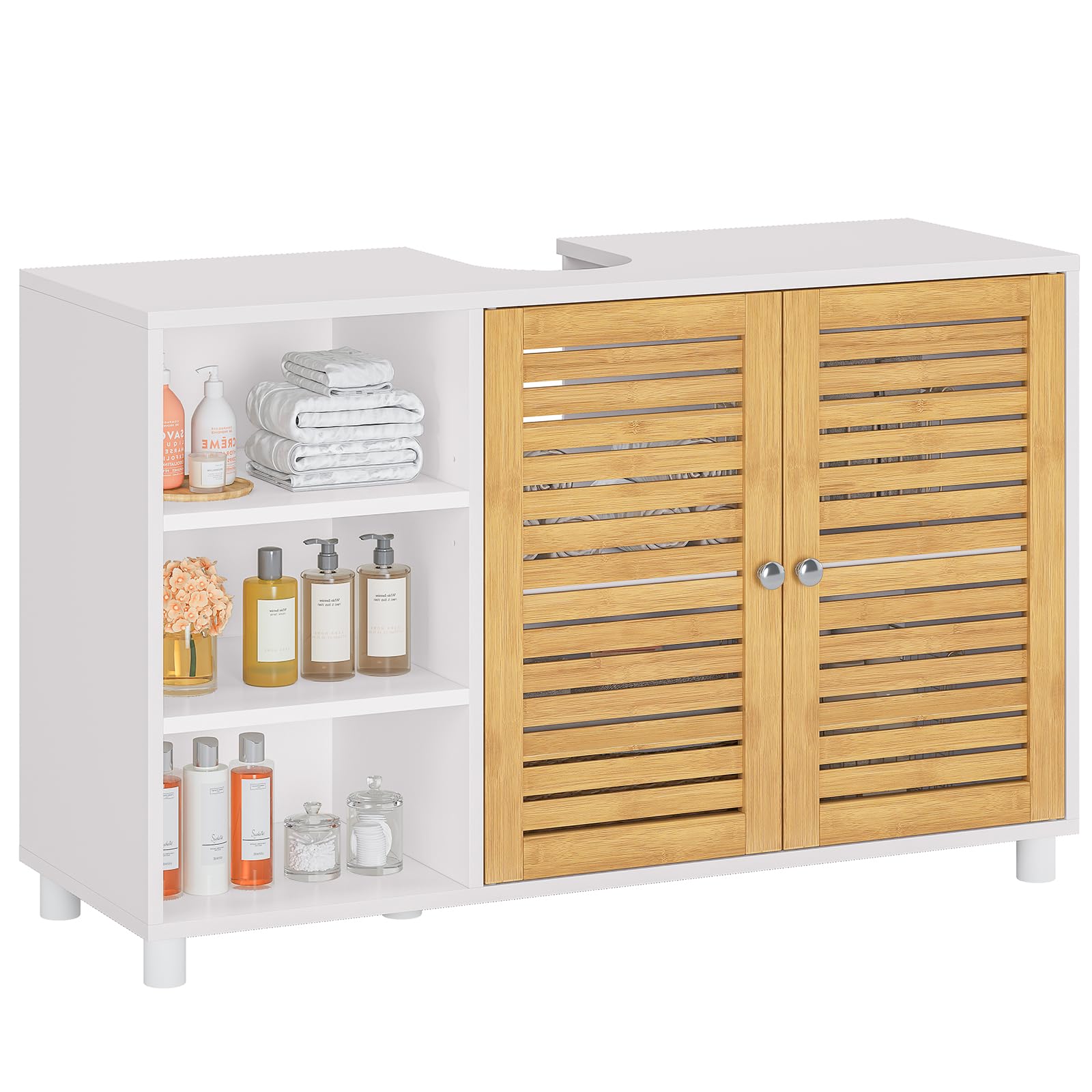 Armadio per lavabo, mobiletto da bagno con 2 ante in bambù, 3 scomparti aperti, ripiani regolabili in altezza, mobiletto per lavabo, extra lungo 30 x 90 x 60 cm