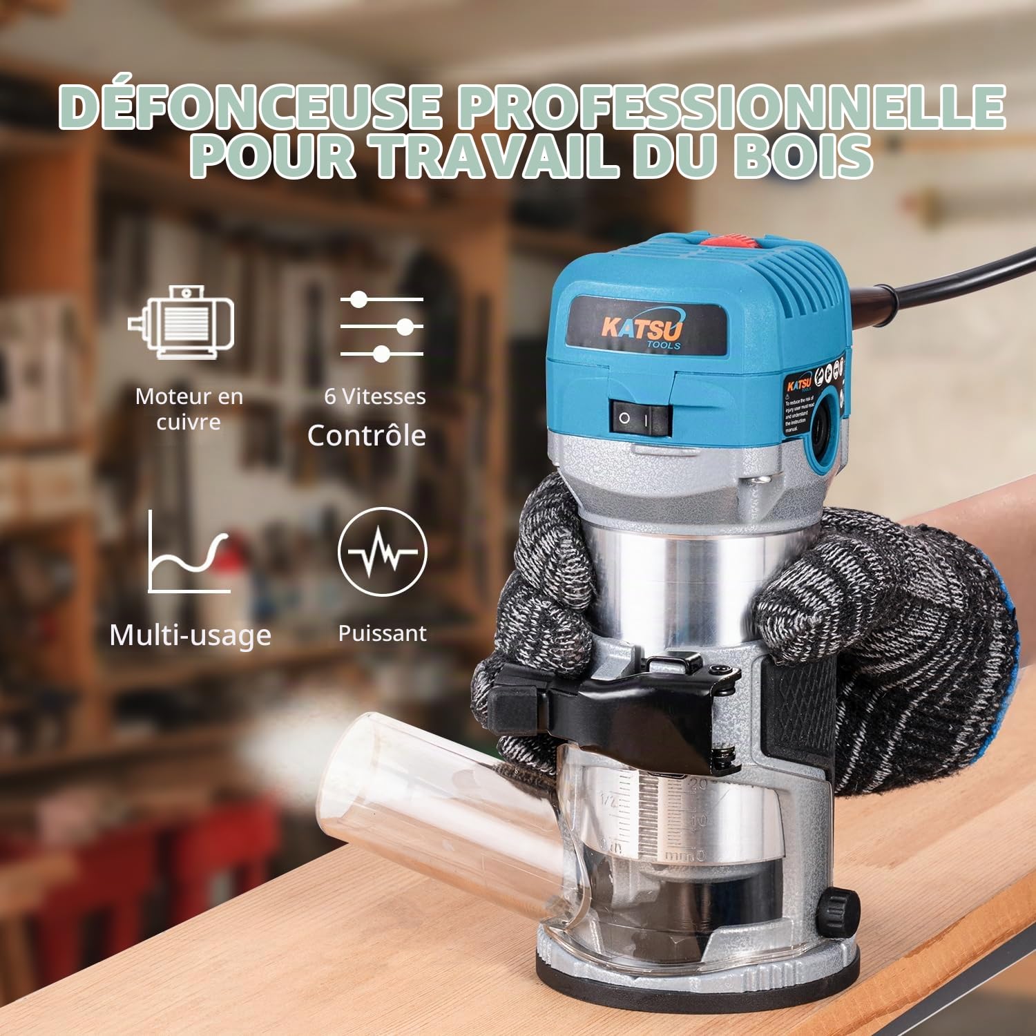 KATSU Tools Toupie/affleureuse bois électrique 710 W – démarrage en douceur, base plongeante, corps aluminium, 3 mandrins (1/4", 6 mm, 8 mm) bricolage