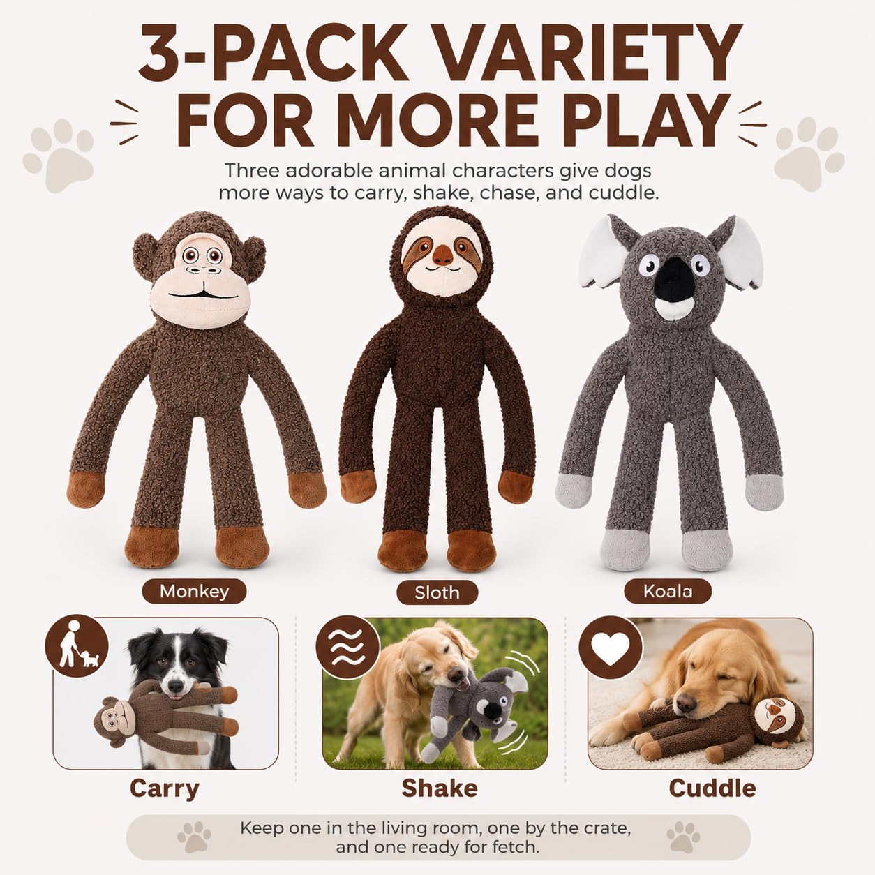 Juguetes para perros grandes sin relleno, paquete de 3 juguetes interactivos de dentición de felpa chirriantes, regalos duraderos y divertidos para razas pequeñas, medianas y grandes