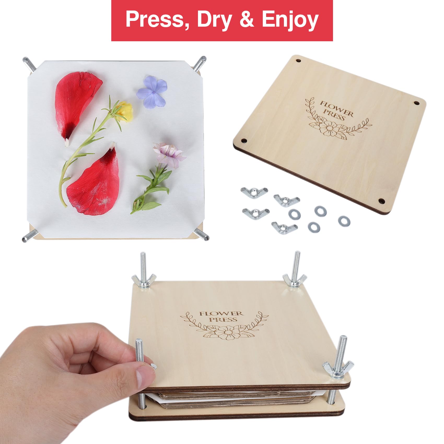 GOTHINK Kit Pressa Fiori in Legno, 6 Strati 6x6 Pollici, per Essiccare e Conservare Fiori e Foglie, Arte e Mestieri per Adulti e Bambini