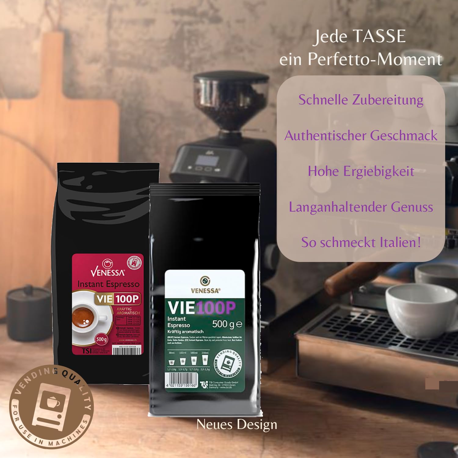 VENESSA VIE 100P Premium Instant Espresso 15 x 500 g delikatnie palone, silnie aromatyczne w smaku – do automatów Vending, gastronomii, firm