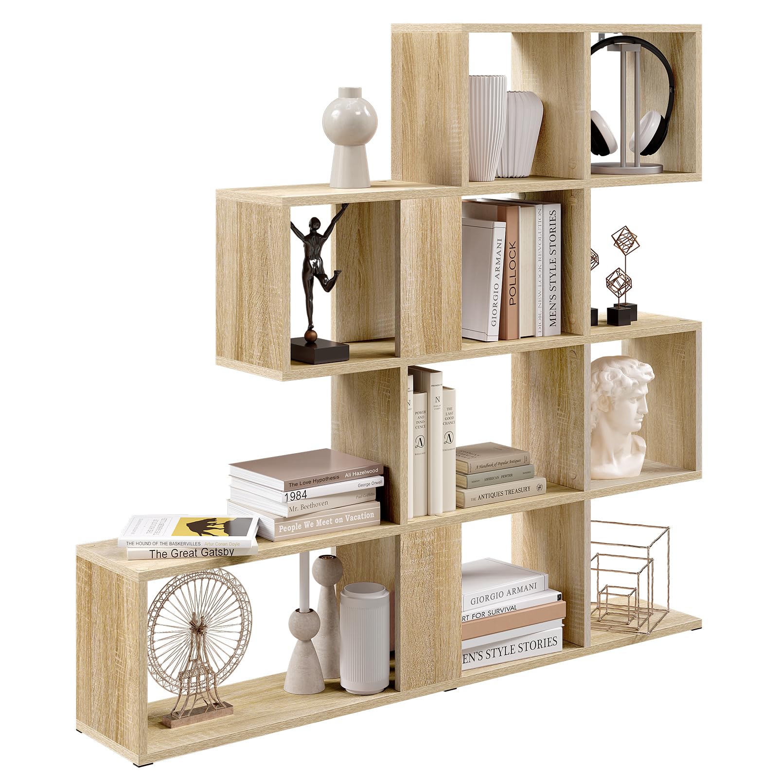 eSituro Libreria a 4 Livelli, Scaffale Divisorio con 11 Scomparti Aperti, Scaffale in Piedi, Scaffale a Gradini, per Soggiorno, Camera da Letto, Ufficio, 115x109,5x19,5 Cm, Rovere Chiaro