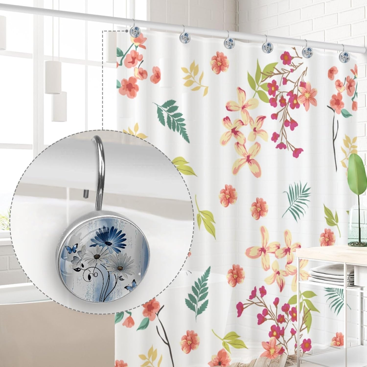 12 Pcs Farm Blue Daisy Butterfly on Country Wooden Shower Curtain Hooks, Decorative Shower Curtain Rings for Bathroom, Stainless Steel Rustproof Curtain Rings Hangers for Shower Curtain Rod