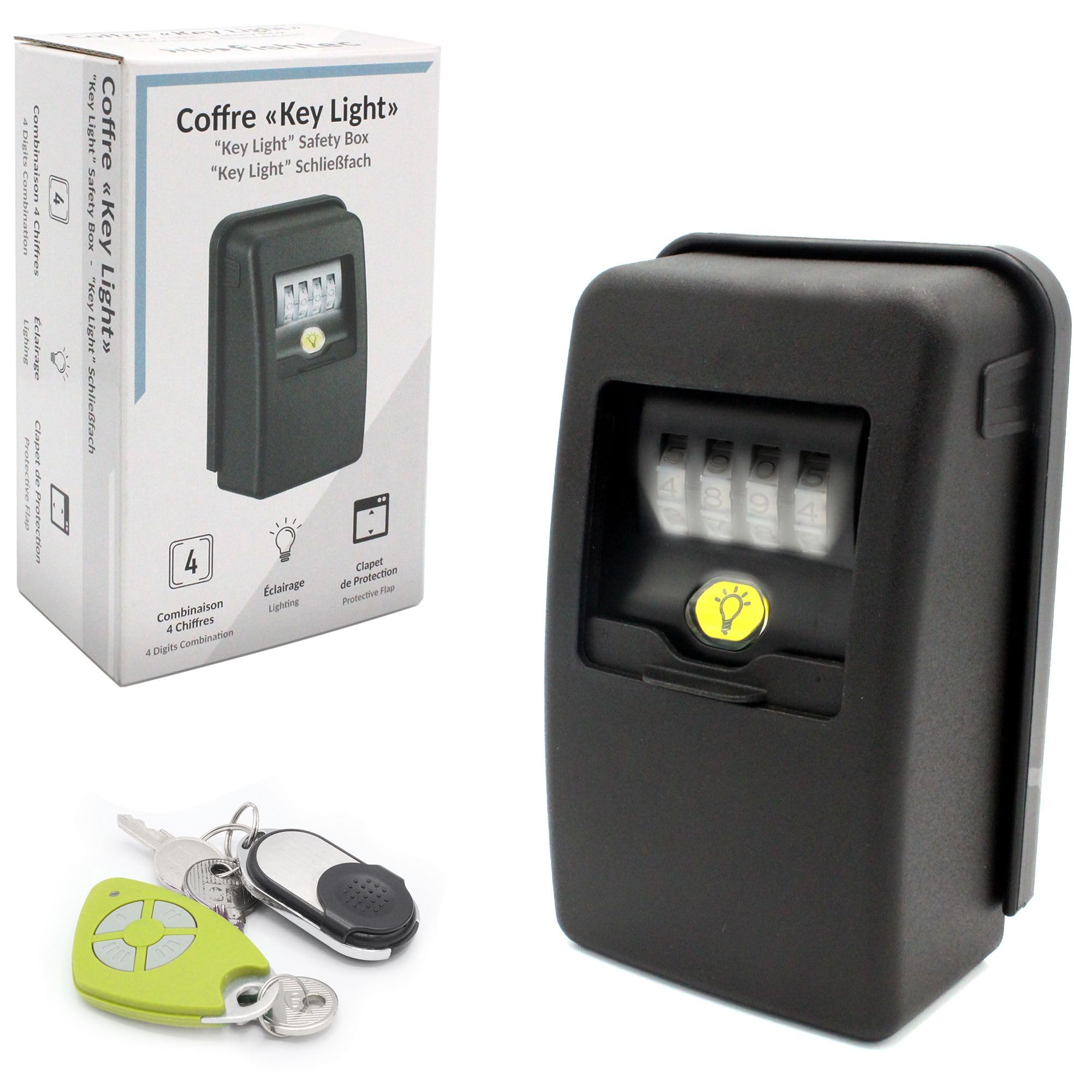 Fishtec Boite à Clé Sécurisée avec Code 4 Chiffres - Mini Coffre Fort Clef Fixation Murale, Utilisation Extérieur/​Intérieur Eclairage LED Etanche + Clapet de Fermeture Noir