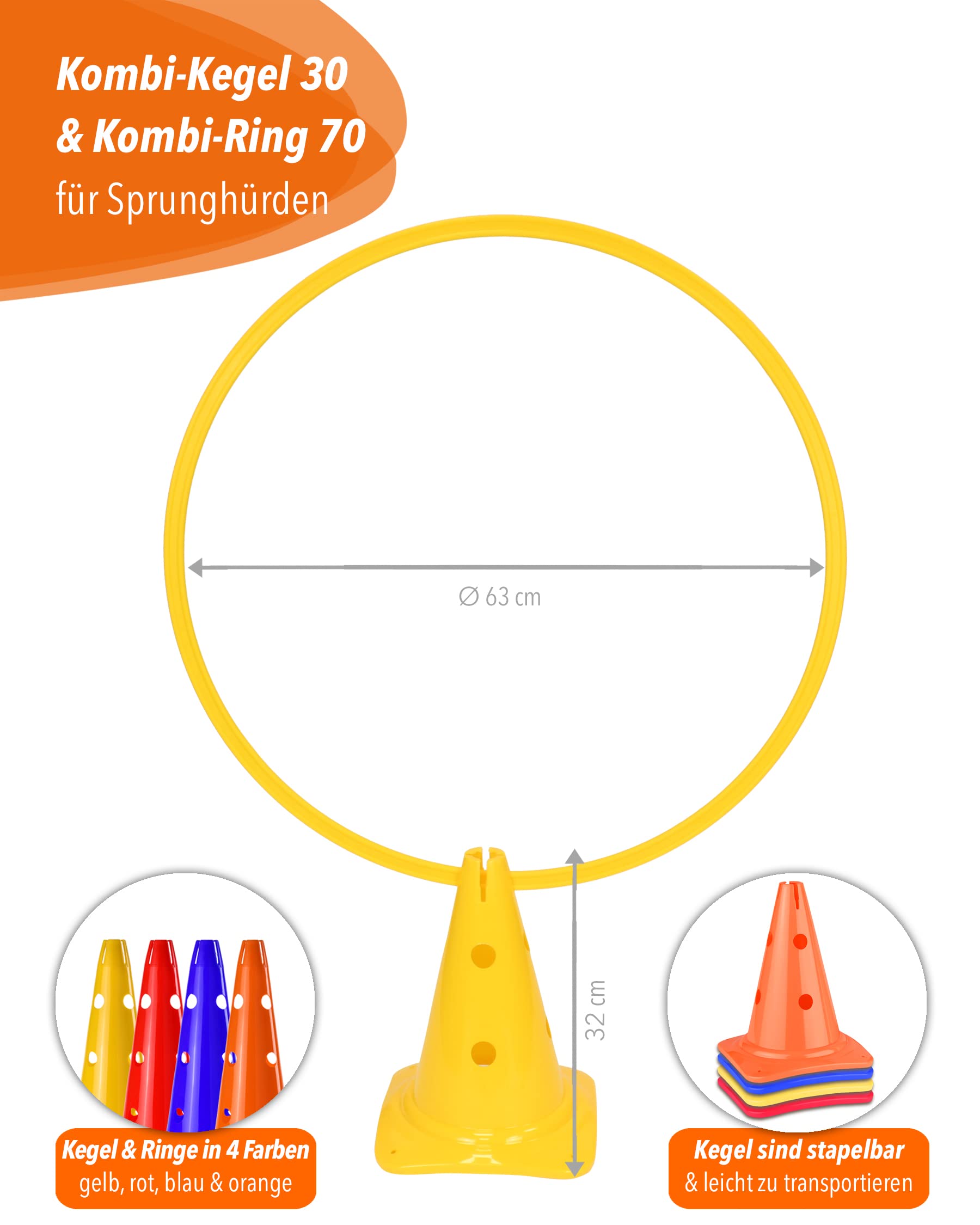 Combi cono 30 & anello combinato 70 – Set di 4 pezzi – per la costruzione di parcours & ostacoli – aiuto per l'allenamento per calcio, atletica e sport per cani