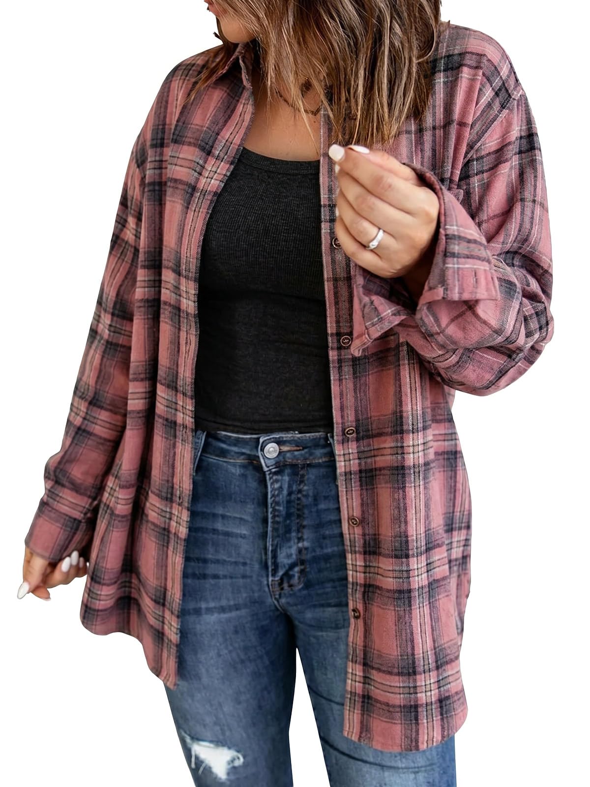 Fisoew Damen Langarm Karierte Blusen Flanell Button Down Jacken Casual Langarmshirts