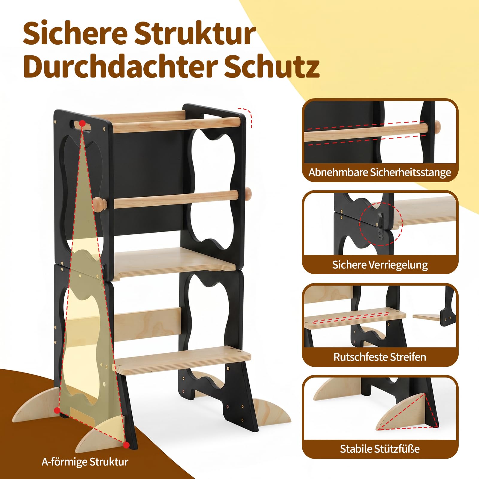 COSYLAND Lernturm Kinder 3in1 Küchenhelfer mit Tafel & Geländer Schwarz | Stabiler Küchenhelfer, wandelbar zu Tisch & Stuhl. Ideal für Lernen, Spielen und Küche. Sicher und zuverlässig.
