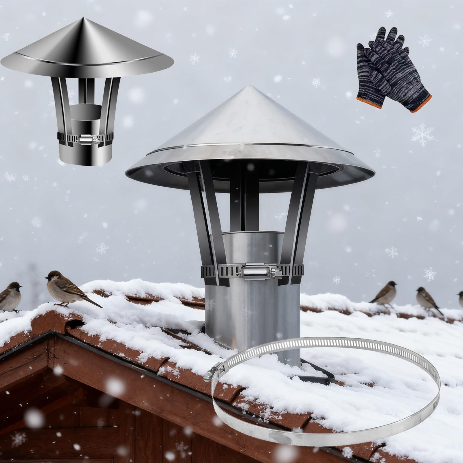 GKSNCJSMF 201 Stainless Steel Chimney Caps and Cowls Vent Stove Pipe Guard, Wood Stove Round Rain and Snow Proof Chimney Cover for Fireplace Exhaust Flue Pipe(160mm)