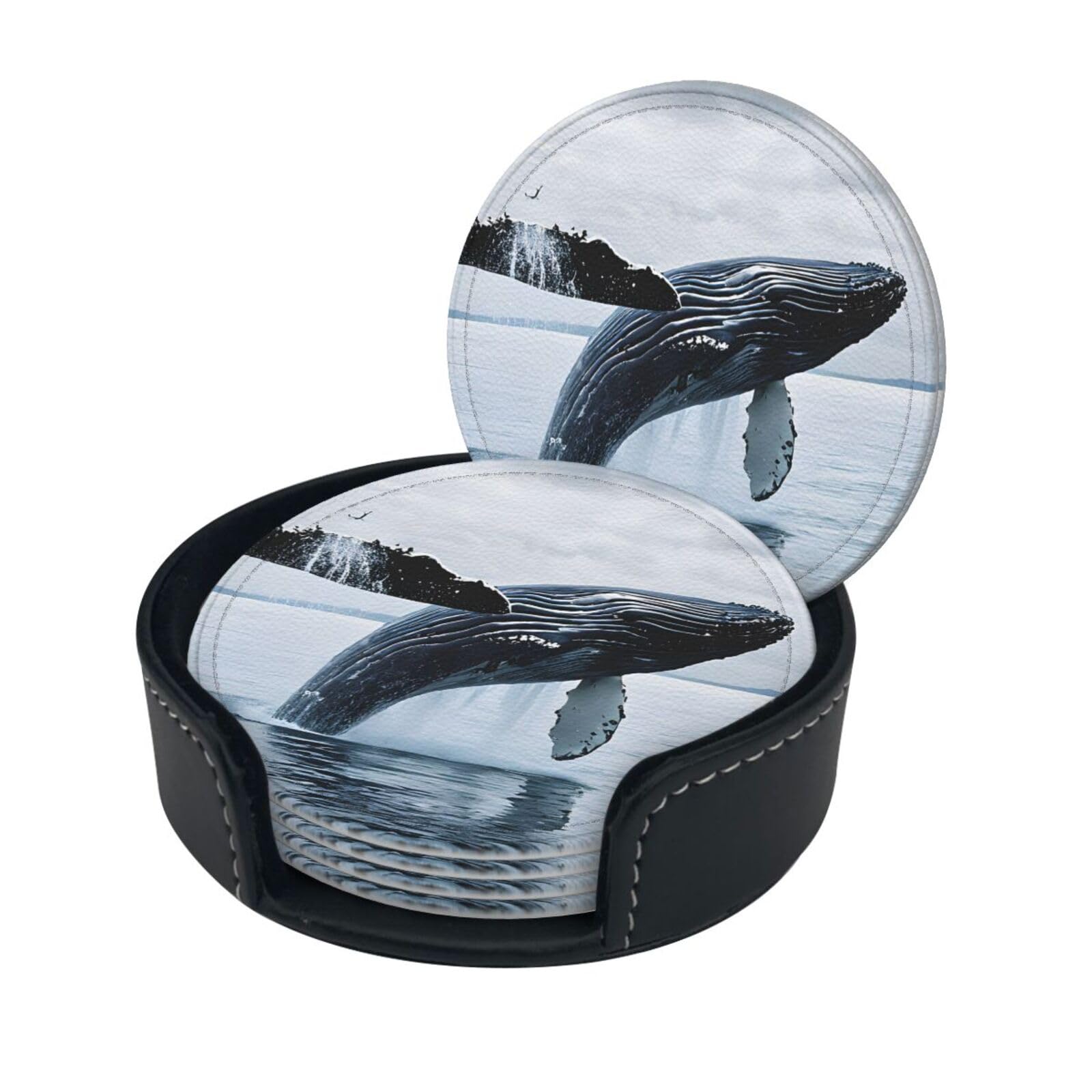 Killer Whale Print Coaster,Round Leather Coasters with Storage Box for Wine Mugs,Cold Drinks and Cups Tabletop Protection (6 Piece)