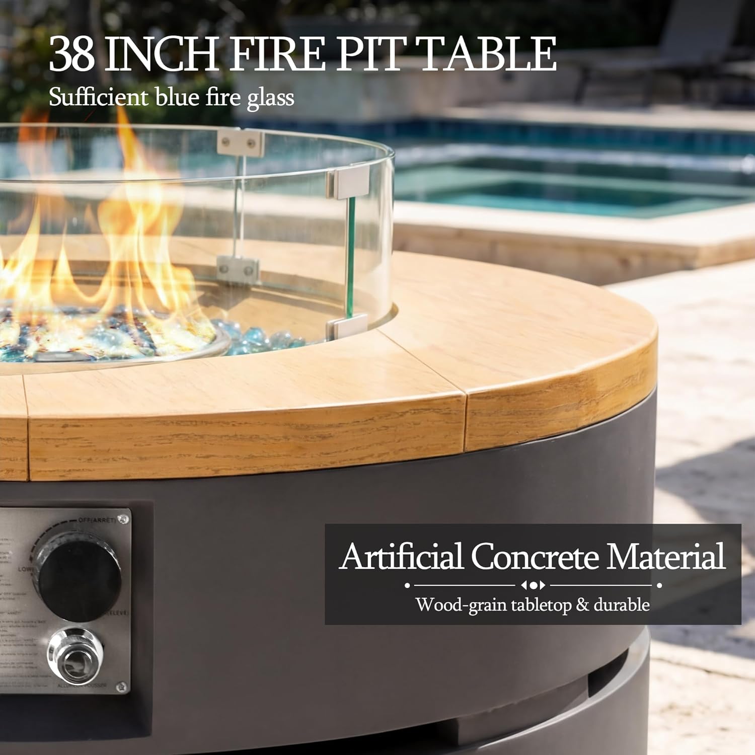 UPHA 38-inch Outdoor Patio Propane Gas Fire Pit Table 50000 BTU Concrete Round Firepit with ABS Tank Hidden Table, Wind Guard, Blue Glass Rocks, Rain Cover, Dark Grey Natural Wood Finish