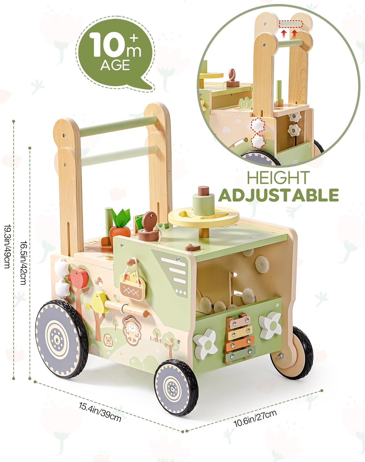 ROBOTIME Wooden Baby Walker with dimensions and height adjustment feature highlighted.