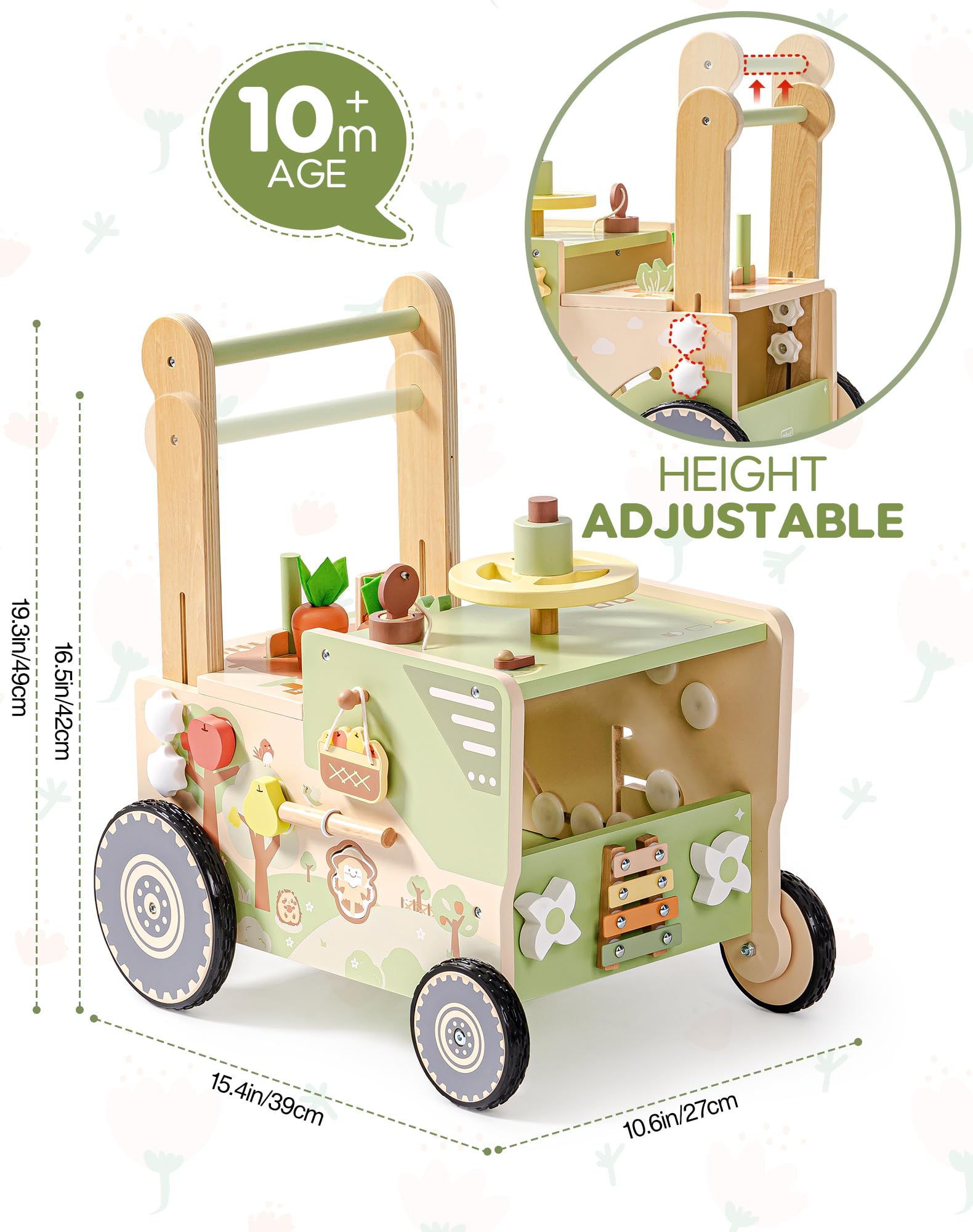 ROBOTIME Girello giocattolo in legno per bambini, con ruote, centro attività a tema fattoria per ragazze e ragazzi, velocità regolabile per imparare a camminare
