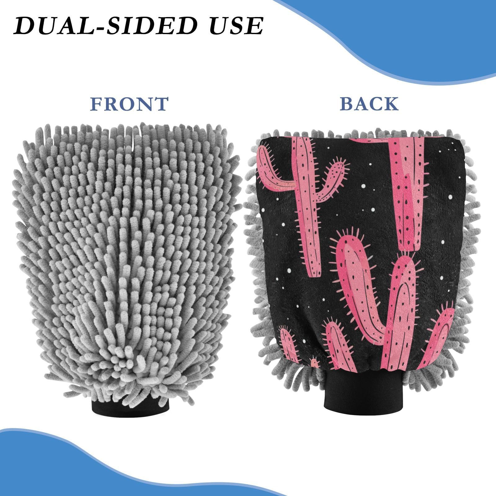 ALAZA Pink Cactus Cacti Car Wash Mitt Scratch Free, 2 Pack Absorbent Microfiber/Chenille Washing & Drying Mitts, L