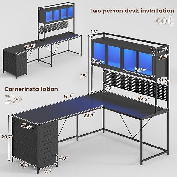 SEDETA L Shaped Gaming Desk with Drawers, L Shaped Computer Desk with Hutch and Storage Shelves, Gaming Desk with Pegboard, Led Lights, and Power Outlet, Home Office Desk, Corner Desk, Black