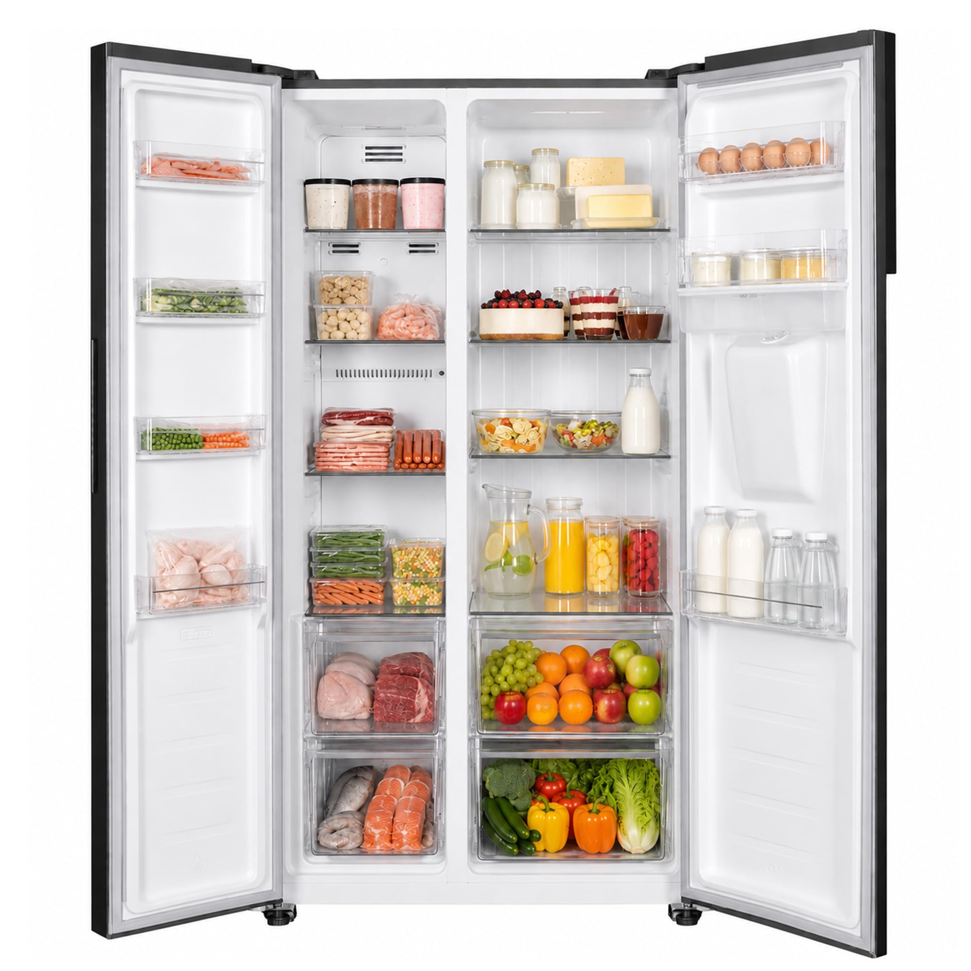 Side-by-Side Kühlschrank HSBS-HM439NFINVXWDD, 439 L, Energieklasse D, No Frost, Inverter-Kompressor, Wasserspender, 288 L Kühlteil, 151 L Gefrierteil, LED-Touch-Display, Silber/Grau