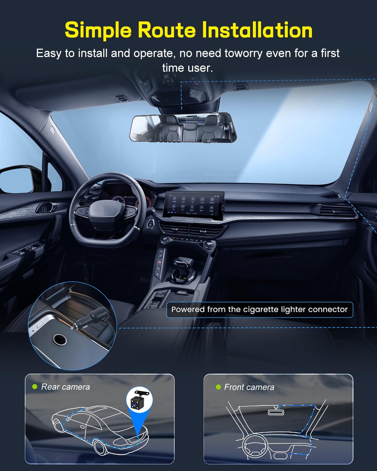 NHOPEEW 1080P Dash Cam con specchio e schermo da 4,5 pollici - Telecamere anteriori e posteriori Supporta registrazione in loop Controllo dell'esposizione della linea di retromarcia Visione notturna