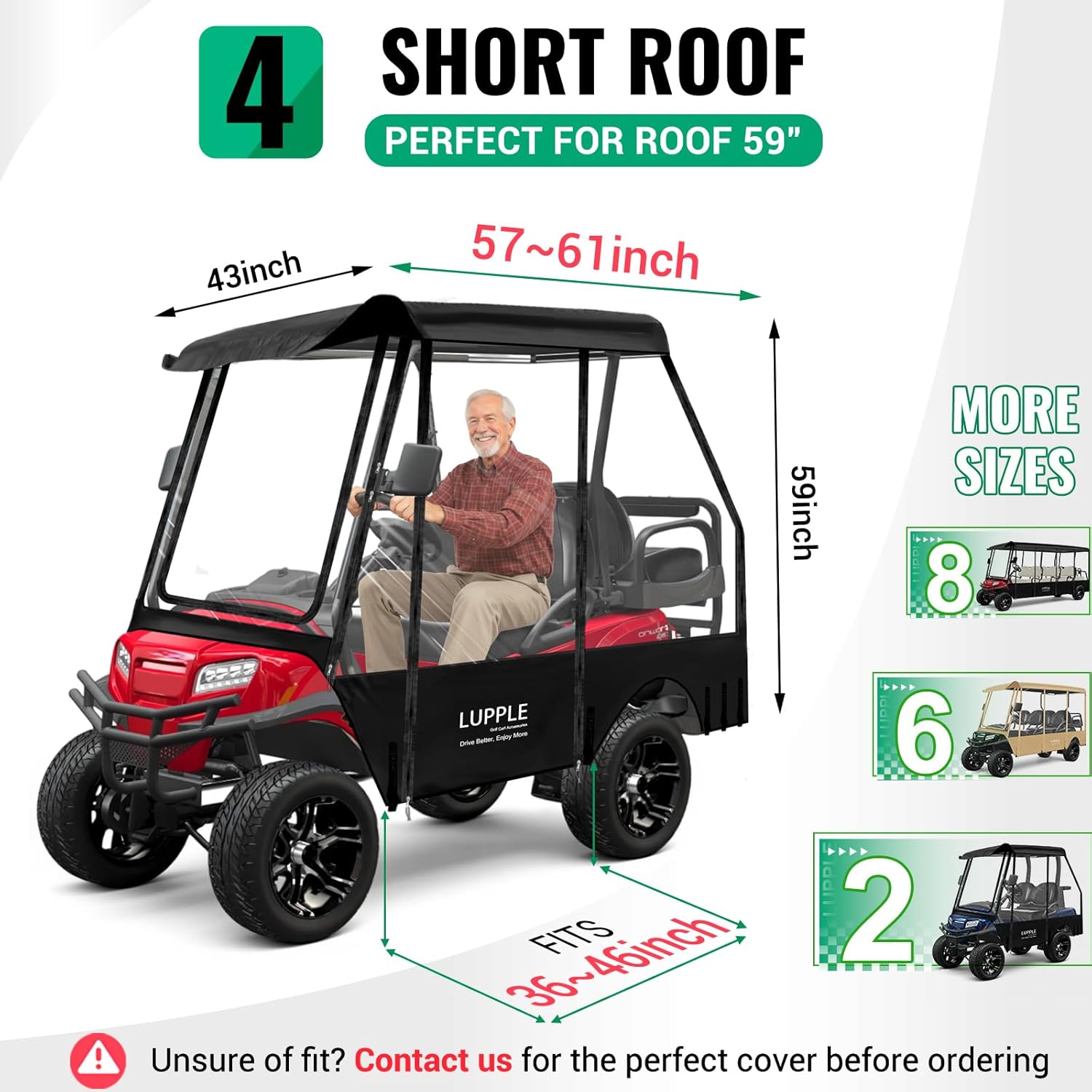 Golf Cart Enclosure for EZGO TXT RXV 2 4 Passenger 59" Short Roof & 6 Seat Express S6 L6, 600D Rain Cover with Clear PVC Window, 4-Sided Roll-Up Zipper Doors, Golf Cart Accessories