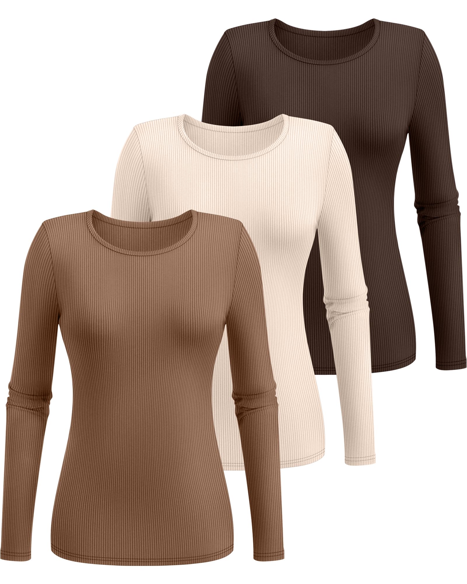 Ficerd 3er-Pack Damen-Rippstrick-Langarm-Tops mit Rundhalsausschnitt, Schmaler Passform, Dehnbar, Ideal zum Layern