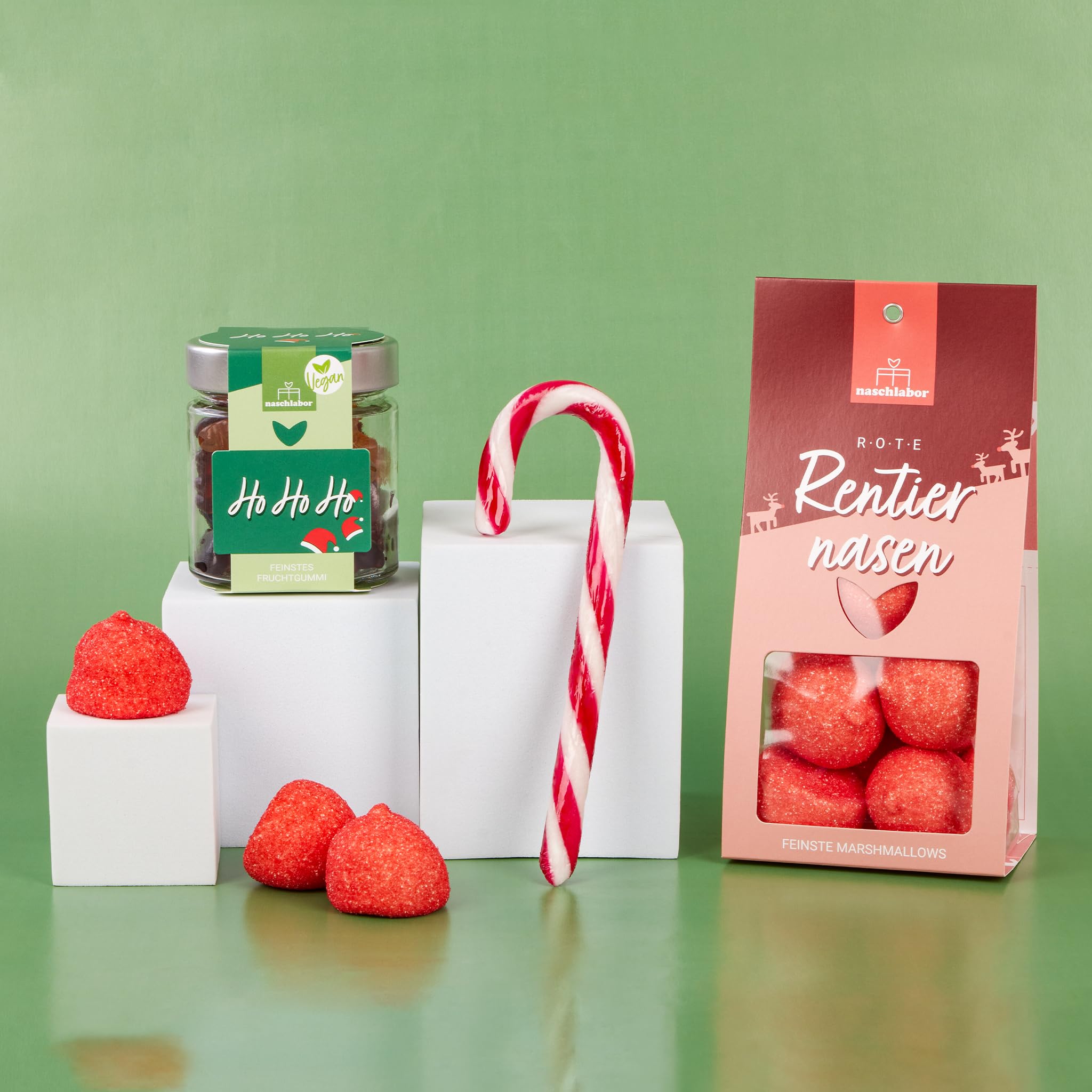3er Set Zuckerstange, Marshmallows Rentiernasen & vegane Fruchtgummis Ho Ho Ho | Festliches Weihnachts-Set | Geschenkidee für Kinder, Freunde & Kollegen | Perfekt für Advent, Nikolaus & Weihnachten