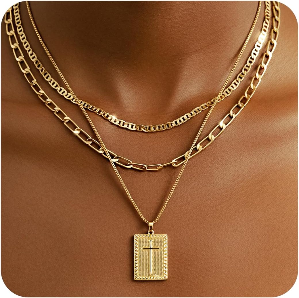 Cross Necklace for Women 14K Gold Plated Dainty Layered Paperclip Figaro Snake Chain Pendant Necklace Set, Simple Trendy Cute Layering Jewelry, Religious Christian Faith Gifts for Her Ladies Christmas