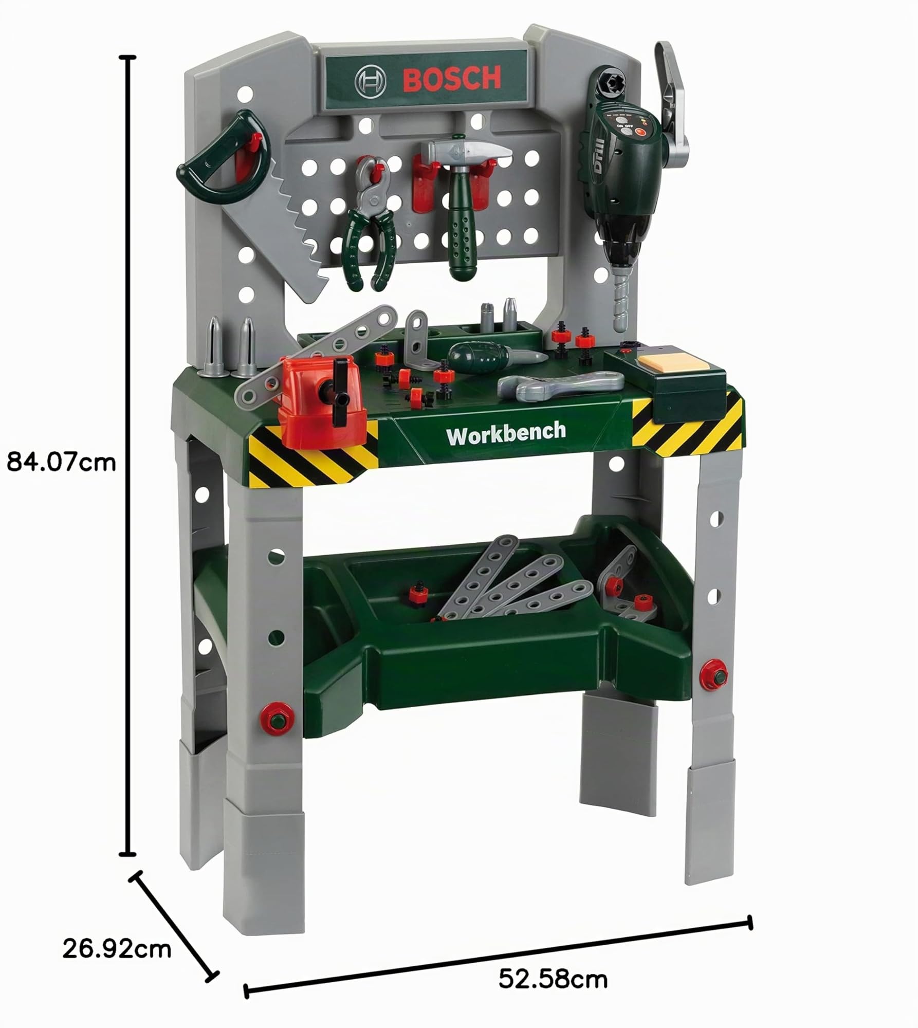 Klein 8637 Etabli Bosch Workbench | Réglable en hauteur | Plan de travail avec de nombreuses fonctions et des outils à piles | Nombreux accessoires | Dimensions : 52,5 cm x 27 cm x 84 cm | Dès 3 ans