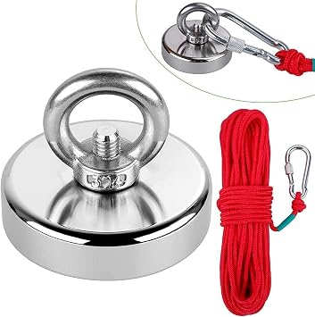 Round Neodymium Eyebolt Fishing Magnet with 10m Red Rope, Super Power Pulling Force 35-500KG, Perfect for Magnet Fishing and Salvage in River Only D36 Magnet
