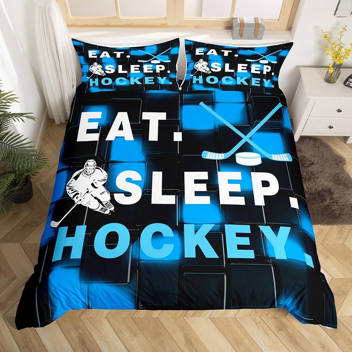 jejeloiu Kids Blue Ice Hockey Bedding Set Toddler Size Ice Sports Games Bedding Duvet Cover Set Decor Hockey Player Geometric Comforter Cover Set Ombre Bedspread Cover 2Pcs,No Comforter