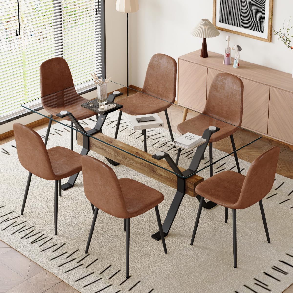 7 Piece Glass Dining Table Set, Kitchen Table Chairs Set for 6, 71'' Dining Table with 0.4" Tempered Glass Tabletop with Plated Metal Legs and MDF