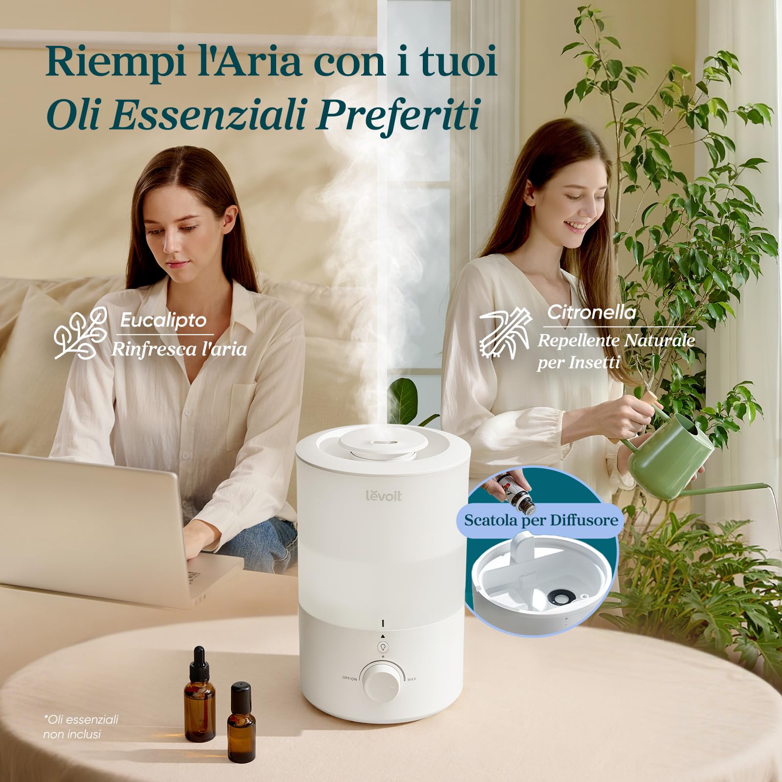 LEVOIT Umidificatore Ambiente, Top Fill, 3L/25H di Durata, 28dB Silenzioso, con Luce e Aromaterapia, Auto Spegnimento, Ugello a 360°, Facile Pulizia della Lavastoviglie, per Qualsiasi Camera