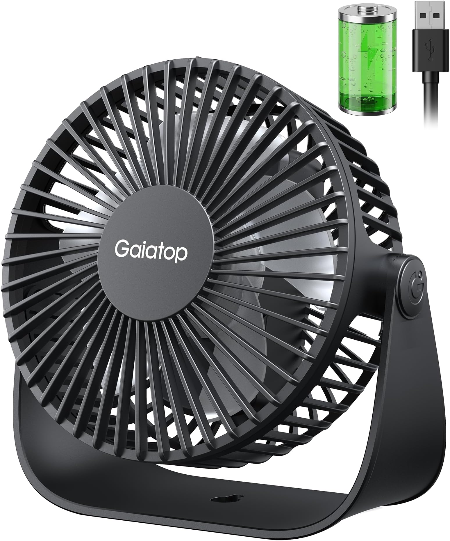 gaiatop Small USB Desk Fan, 3-10H Runtime Rechargeable Desktop Fan, 3 Speeds, 360° Rotatable, 1.5M Cable Usb Fan Silent Powerful Portable Mini Fan for Bedroom Office School Home Outdoor, Black