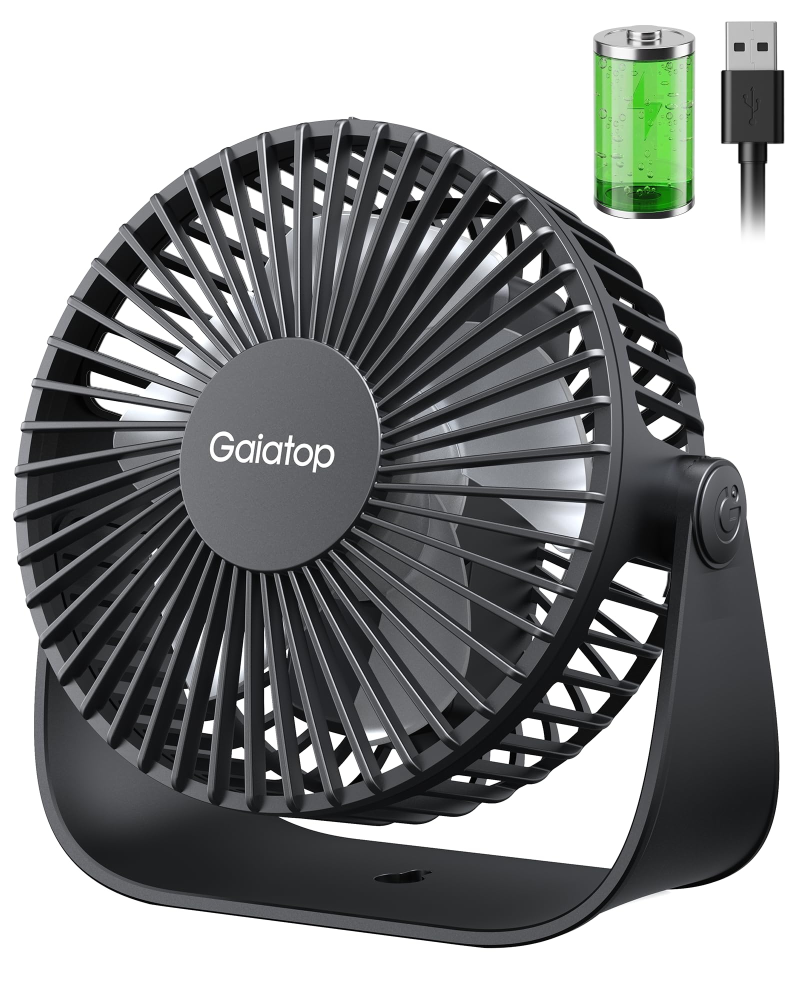 Gaiatop Tischventilator Klein USB Ventilator mit Akku, 2000mAh Wiederaufladbar, 3 Stufen 3–10H, 360° Drehbar, 1,5M Kabel, Tragbarer Mini Tischventilator Sehr Leise für Schlafzimmer Büro Schule Outdoor
