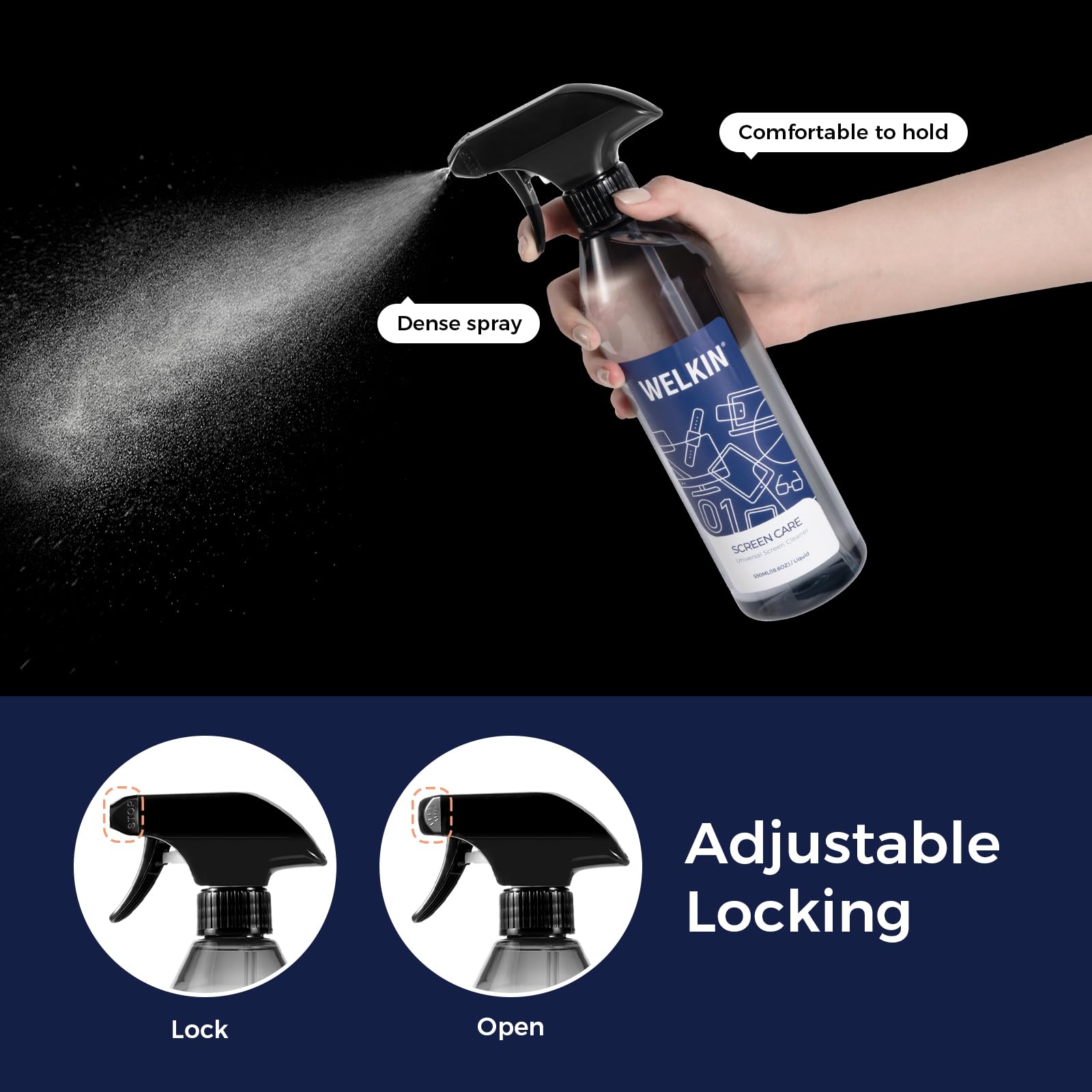 WELKIN Kit de spray limpiador de pantalla (18 onzas + 2 onzas) – niebla de limpieza para TV, laptop, computadora, pantalla táctil de teléfono – 2 pulverizadores, 1 paño de microfibra y 1 toallita de