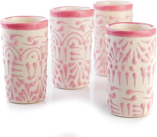 Miniatura 9 de Juego de 4 vasos de chupito Talavera auténticos mexicanos para tequila - Pintados a mano - 2 Oz (Flores naranjas)