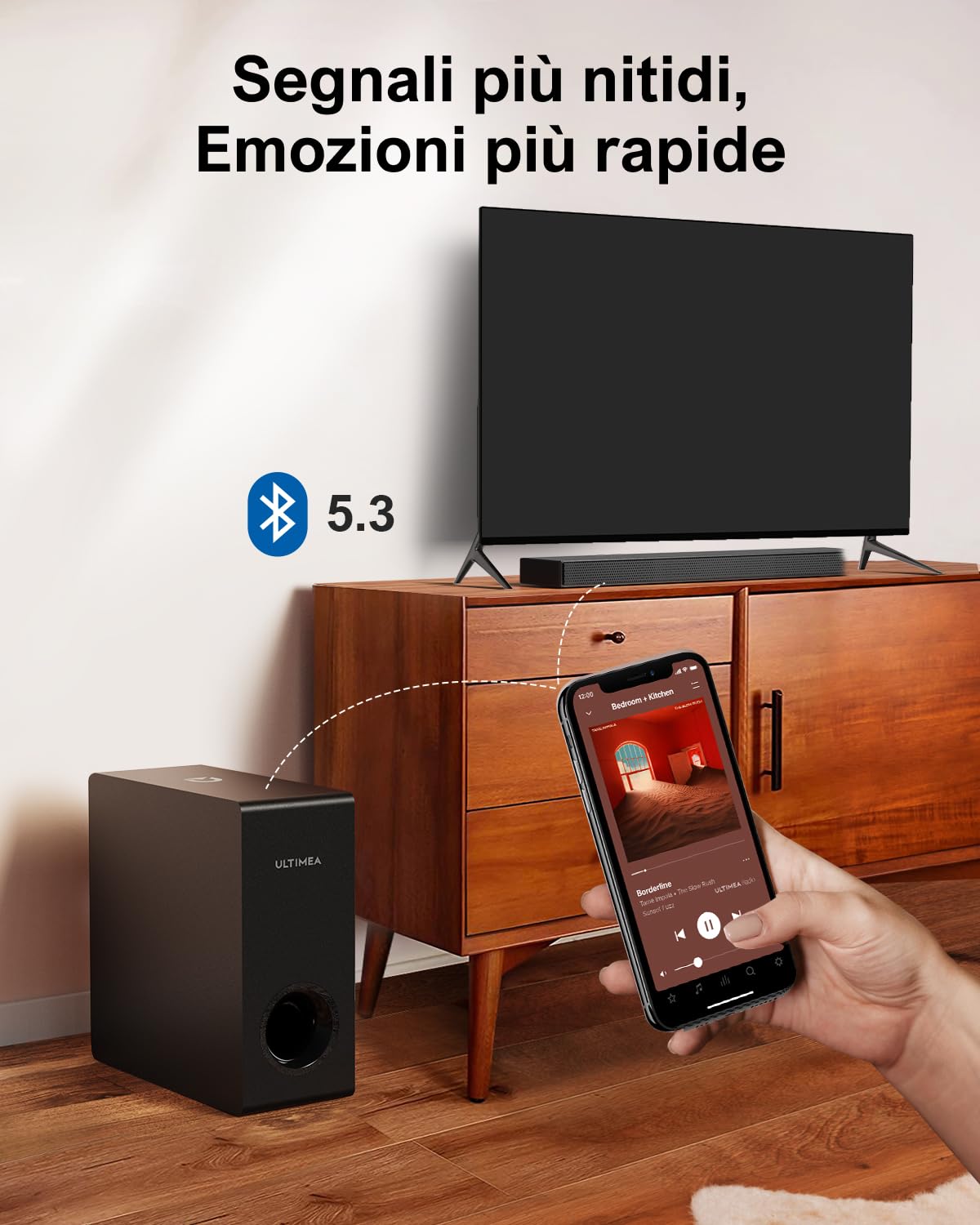 ULTIMEA Soundbar, con Dolby Atmos/Digital/Audio, Sound Bar con Subwoofer, Bassi Profondi Regolabili, Soundbar 3D Dolby Surround TV, Soundbar per TV Home Theater, HDMI-eARC, Bluetooth 5.3, Nova S50