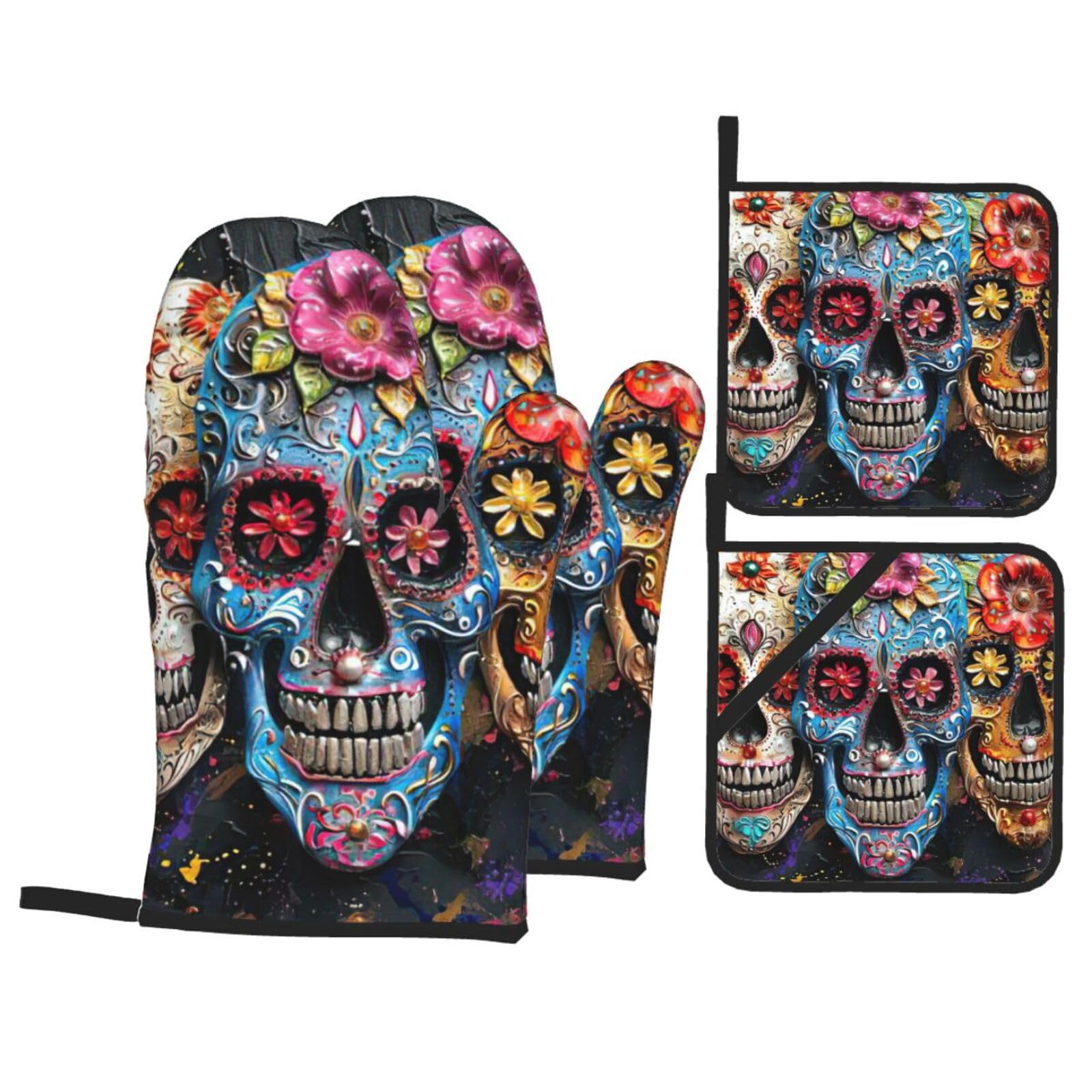 sugar skulls Print 4-Piece Oven Microwaving Set Waterproof Kitchen Gloves for Baking Grilling Cooking