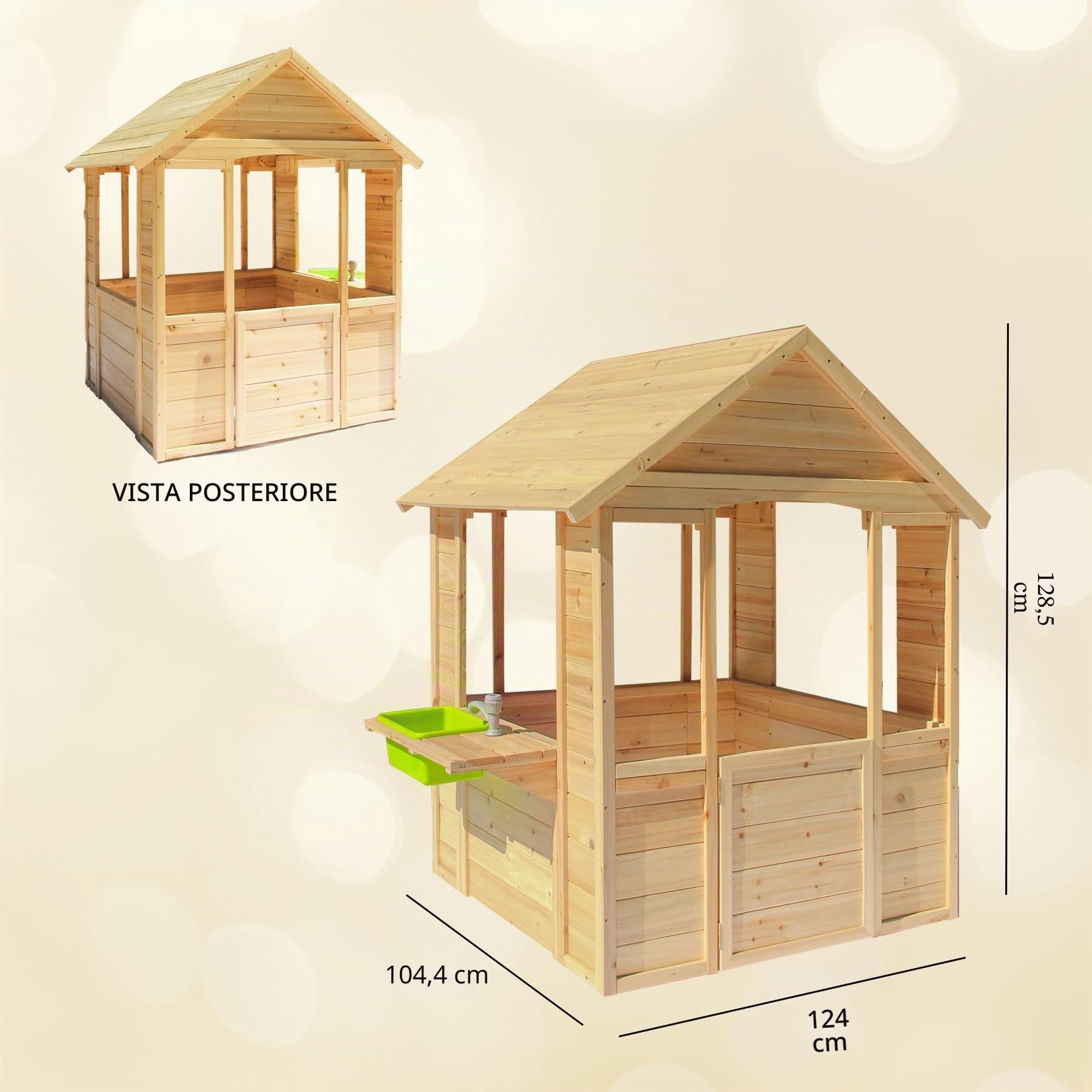 Casetta giocattolo per bambini all'aperto, casetta giocattolo in legno in stile rustico con lavandino, finestre, porta da lavoro, pentole, casetta da gioco per esterni, cortile, terrazza (naturale)