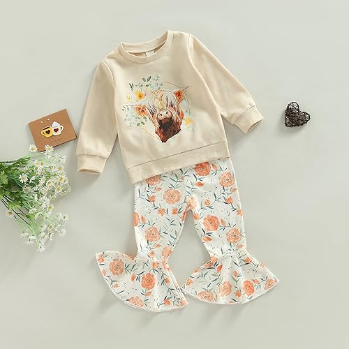 Miniatura 2 de Conjunto casual de sudadera con cuello redondo y pantalones acampanados occidentales para niñas pequeñas, ropa de otoño e invierno