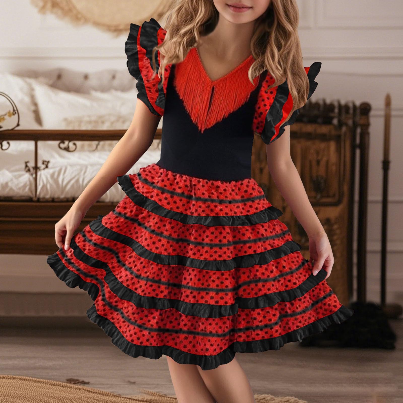 Déguisement de Séville pour Fille Robe Flamande Enfant Volants Pois Costume Andalou Danse Espagnole Costume Traditionnel Flamenco Sévillane, Rouge à Pois pour Fête, Carnaval, Kermès 2-14 Ans