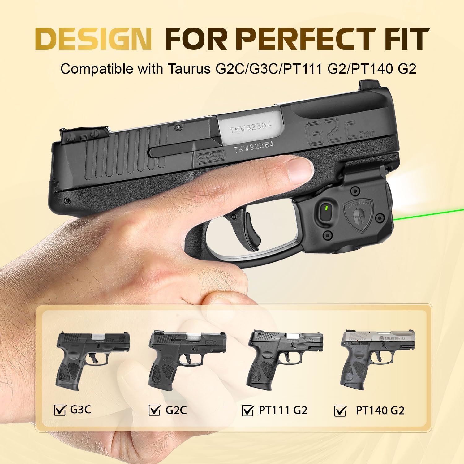 WARRIORLAND Pistol Light Laser Combo Fits Taurus G2C /G3C / G3/ PT111 G2 / PT140 G2, Compact 150-Lumen Trigger & Rail Mounted Tactical Weapon Light, Green Laser & White LED Flashlight, SLL-101G