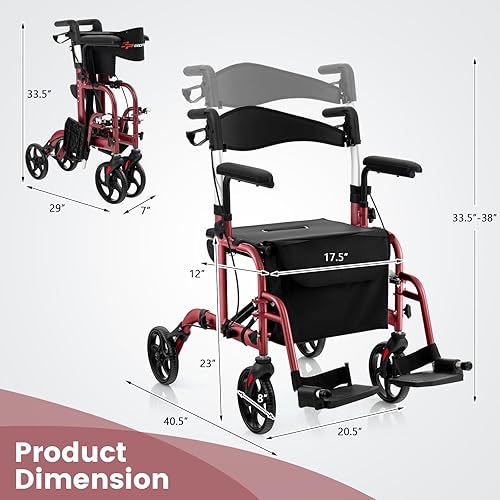 Miniatura 7 de Goplus Andador de ruedas 2 en 1 para personas mayores con asiento, rueda de 20.3 cm, silla de ruedas médica con respaldo, mango ajustable en altura,