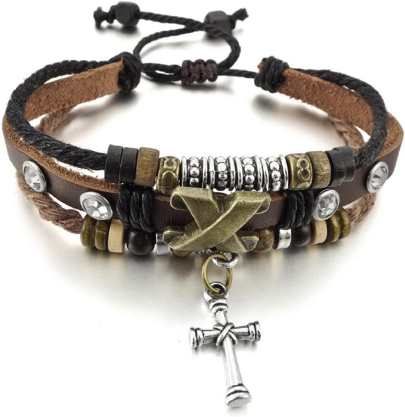 Men,Women's Alloy Genuine Leather Bracelet Bangle Cross Surfer Wrap Braided Tribal Adjustable Fit 7~9 inch,9"