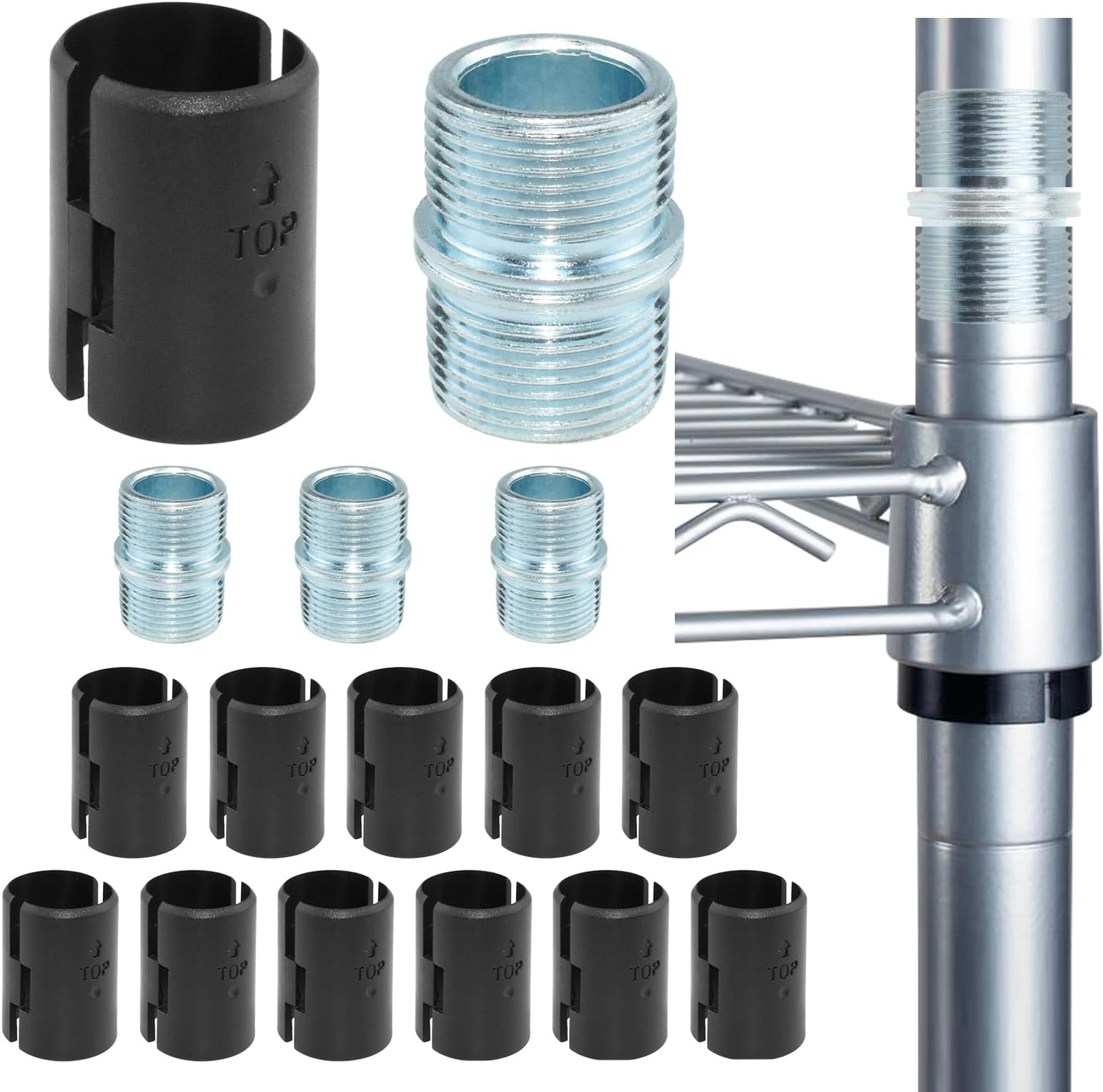 SDTC Tech 12 Pairs Wire Shelf Clips (1"ID X 1.7"H) and 4 Pcs Pole Butt Connectors (0.91"OD X 1.28"H) for 1 Inch / 25.4 mm Post - Shelf Lock Clips Shelving Sleeves Replacements for Wire Shelving System