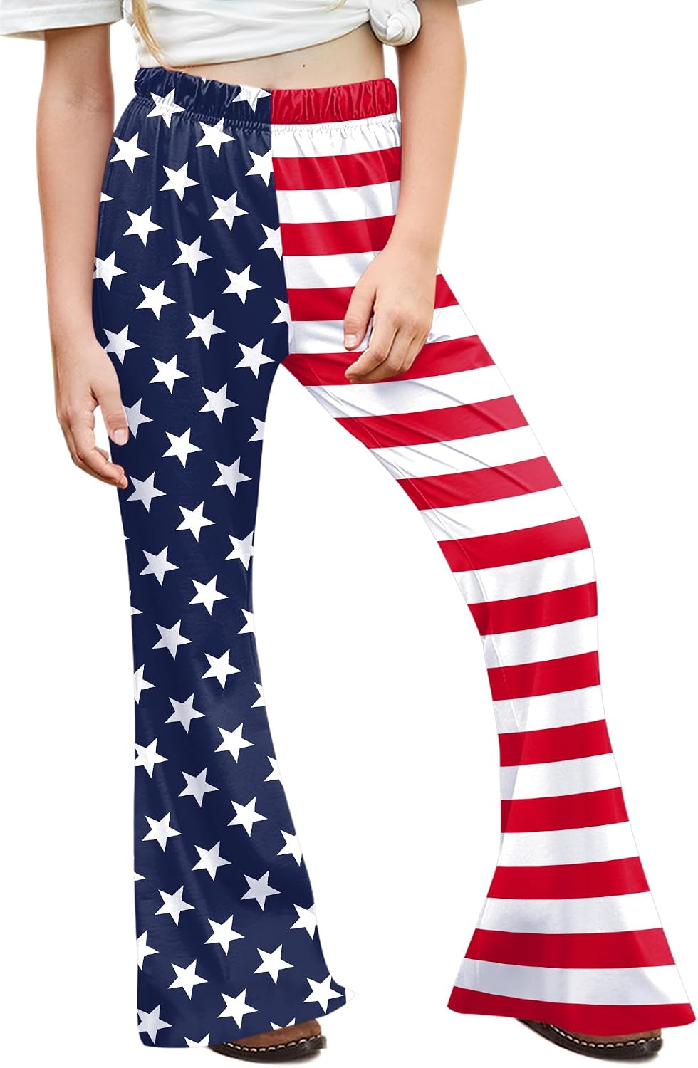 BesserBay Girls 4th of July Patriotic Bell Bottom Leggings American Flag Flared Pants with Pockets 6-14 Years
