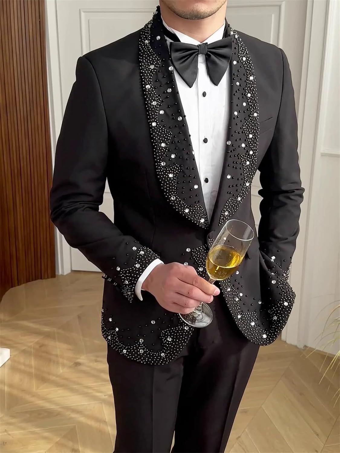 Mens 2 Piece Suit Slim Fit Dinner Tuxedo Jacket Blazer Pants with Shiny Rhinestone Decoration for Prom,Party,Wedding